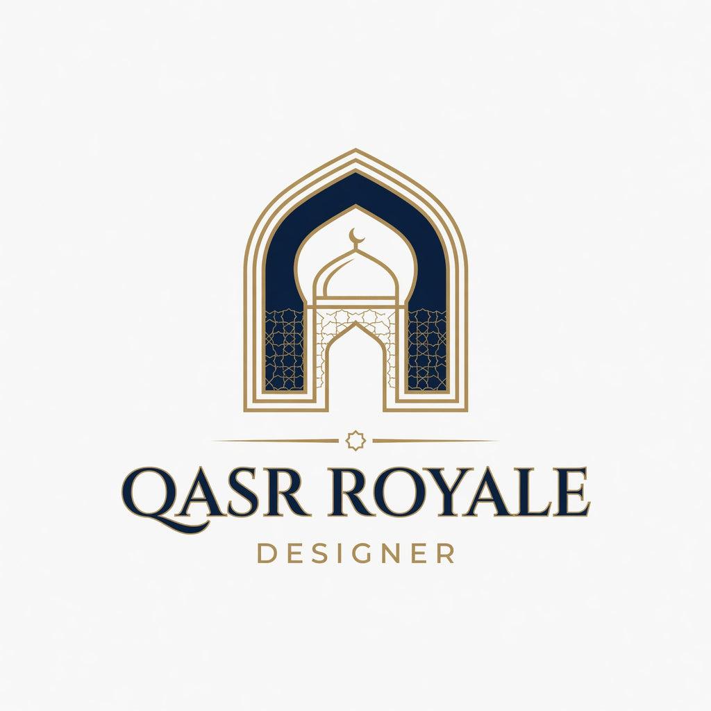 A centered logo-style graphic on a light gray background featuring an ornate arch illustration in gold and dark navy, with the text 'QASR ROYALE' and 'DESIGNS' below.