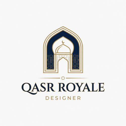 A centered logo-style graphic on a light gray background featuring an ornate arch illustration in gold and dark navy, with the text 'QASR ROYALE' and 'DESIGNS' below.