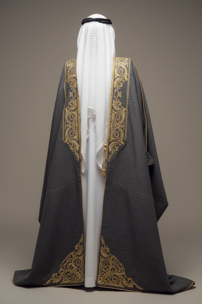 A traditional dark gray thobe with ornate gold embroidery on the borders and lower corners, worn by a man wearing a white kandura and white ghutra head covering, photographed against a solid neutral gray background.